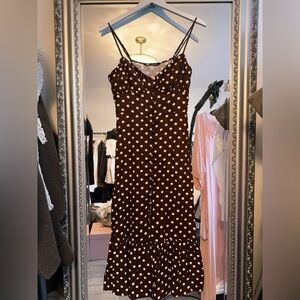 Zara Brown Polka Linen Blend Midi Dress size S